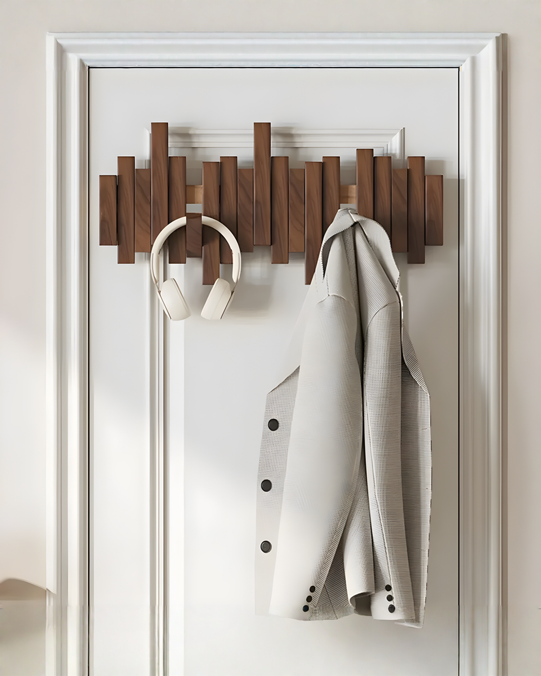 Wooden coat rack with folding magnetic hooks – beech, 3–10 hooks