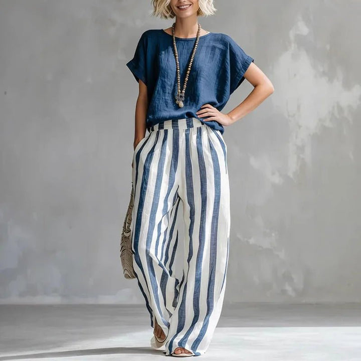 Isabella | Two Piece Linen Set Wide Leg Pants Short Sleeve Top