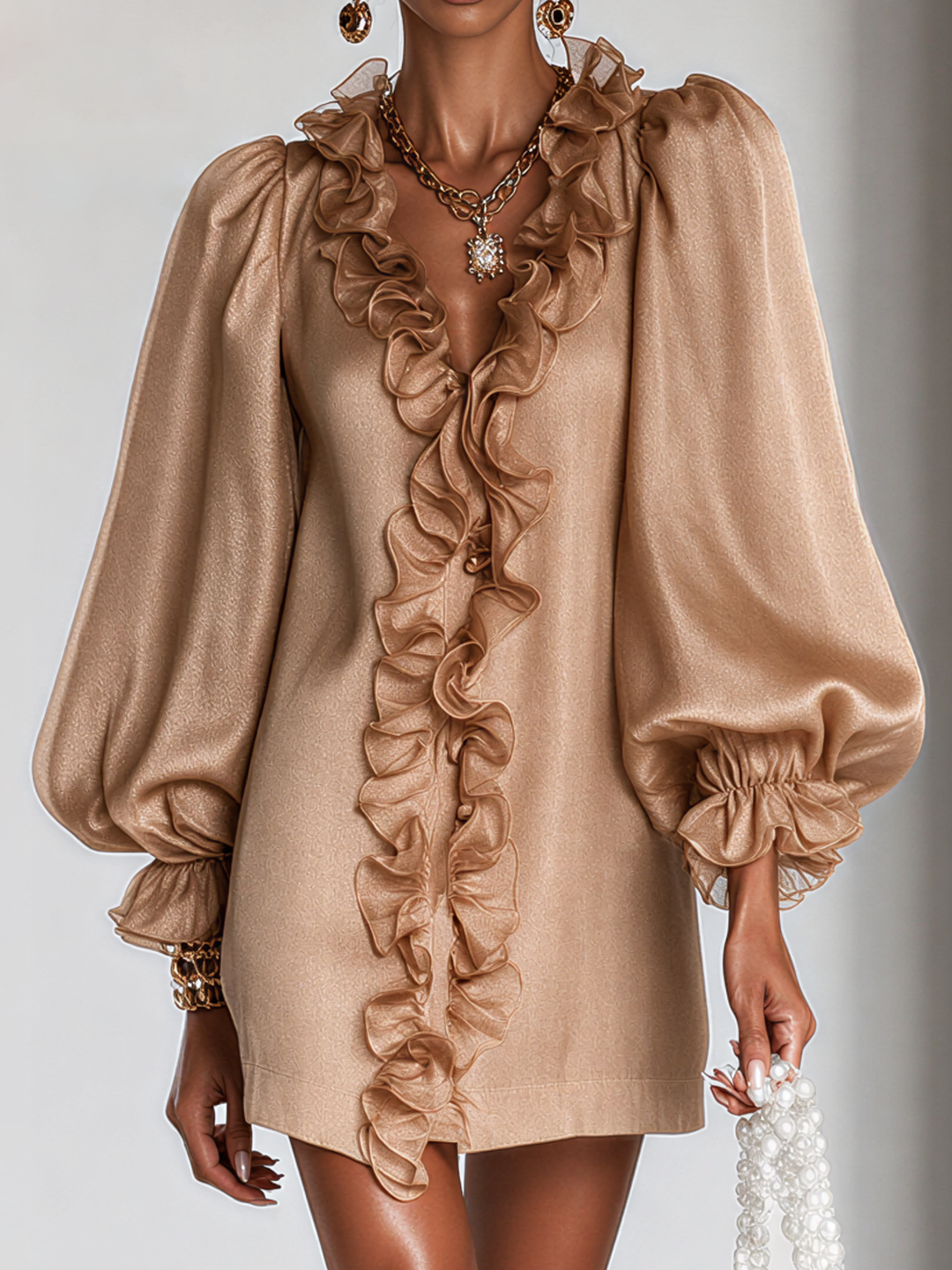 Elegant Mini Dress with Ruffles, Puff Sleeves and Subtle Shimmer