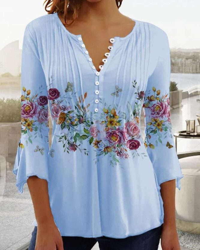 Floral Blouse with Button-Up and Three-Quarter Sleeves for Women