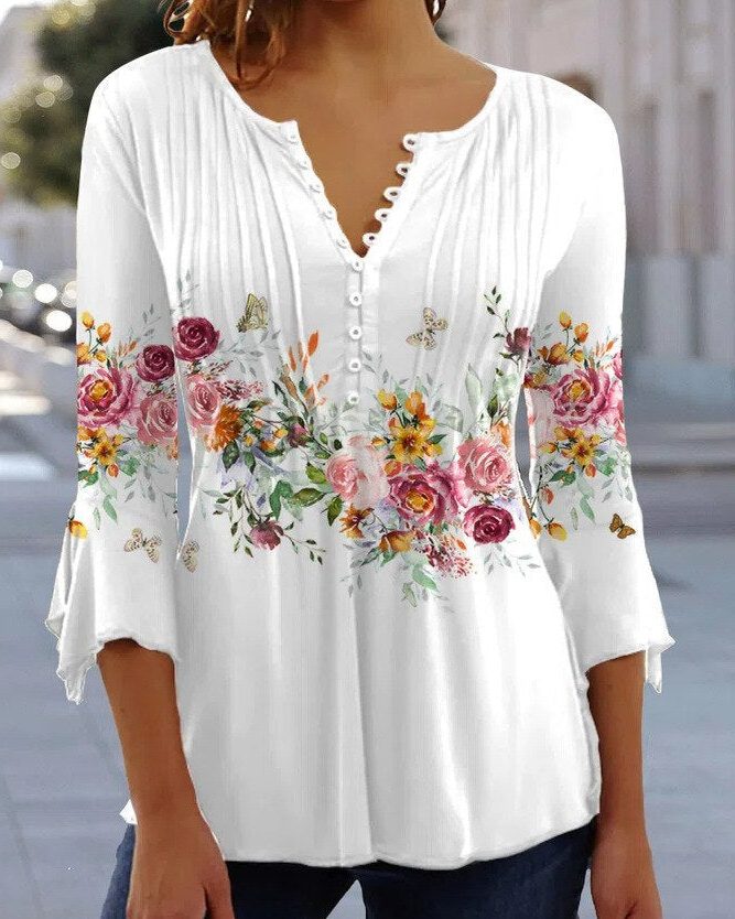Floral Blouse with Button-Up and Three-Quarter Sleeves for Women