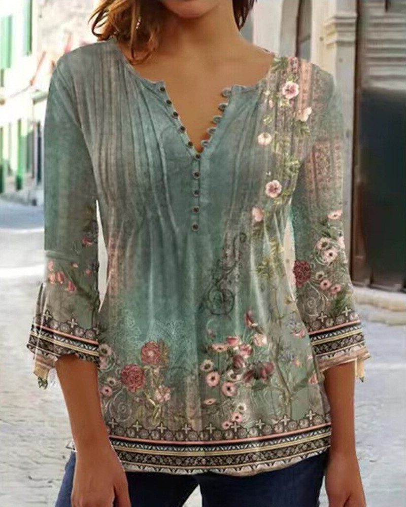 Floral Blouse with Button-Up and Three-Quarter Sleeves for Women
