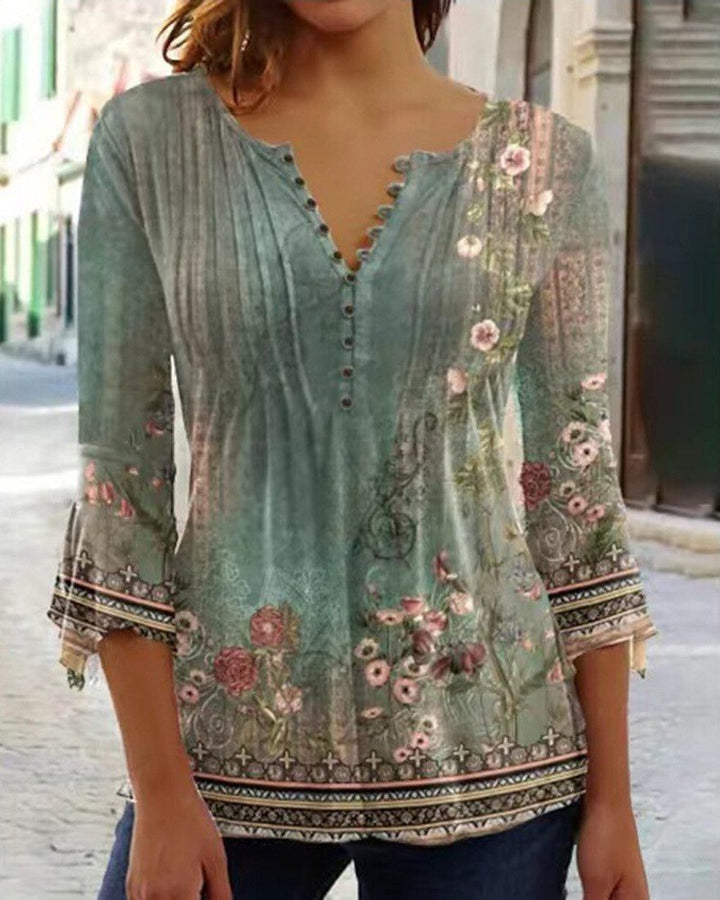 Floral Blouse with Button-Up and Three-Quarter Sleeves for Women