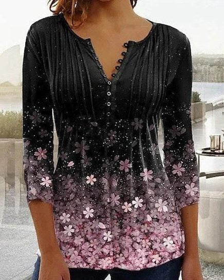 Floral Blouse with Button-Up and Three-Quarter Sleeves for Women