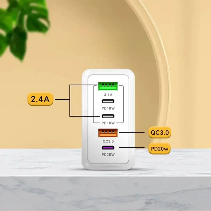 5-Port USB Wall Charger – 2× USB-A + 3× USB-C, Quick Charge 3.0