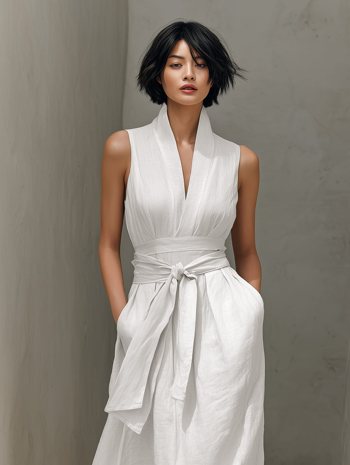 Sleeveless Linen Maxi Dress with V-Neck and Belt for Women