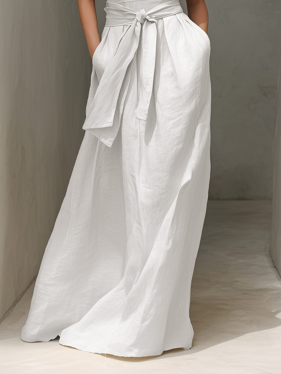 Sleeveless Linen Maxi Dress with V-Neck and Belt for Women