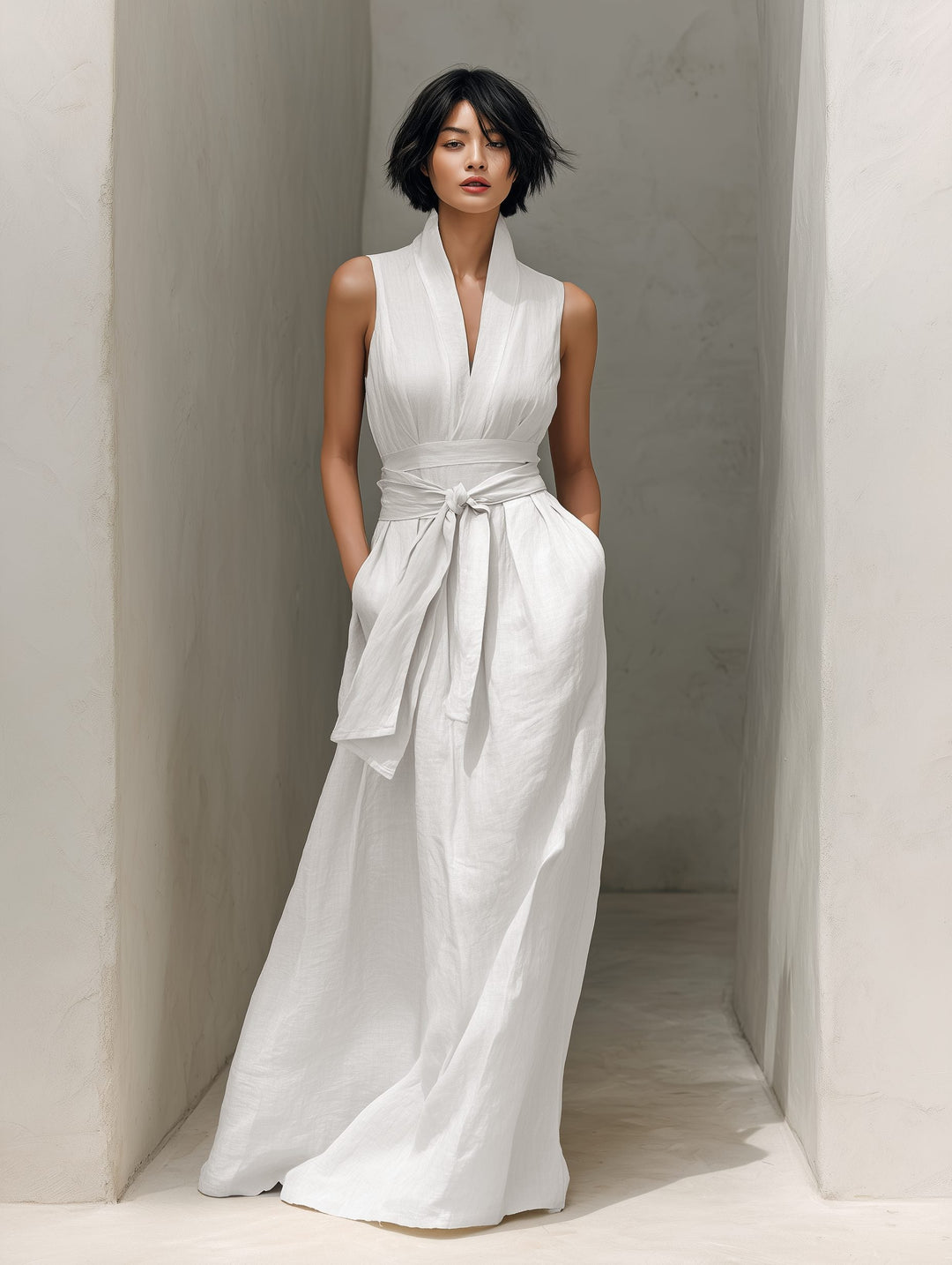 Sleeveless Linen Maxi Dress with V-Neck and Belt for Women