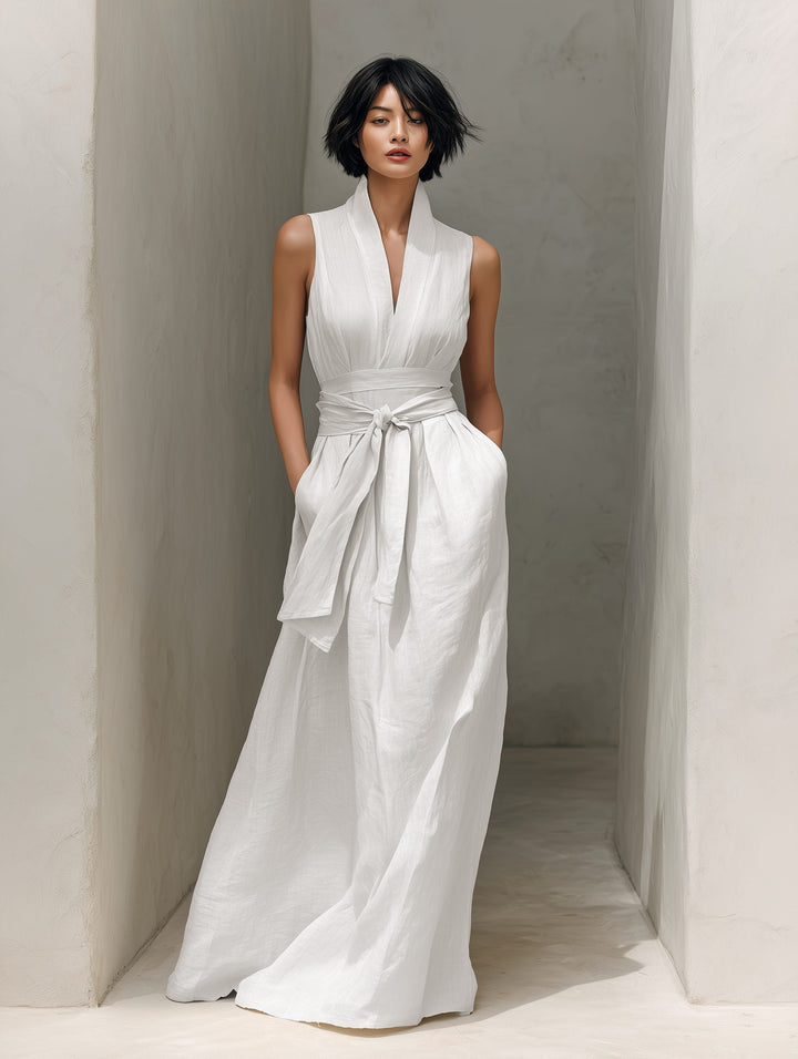 Sleeveless Linen Maxi Dress with V-Neck and Belt for Women