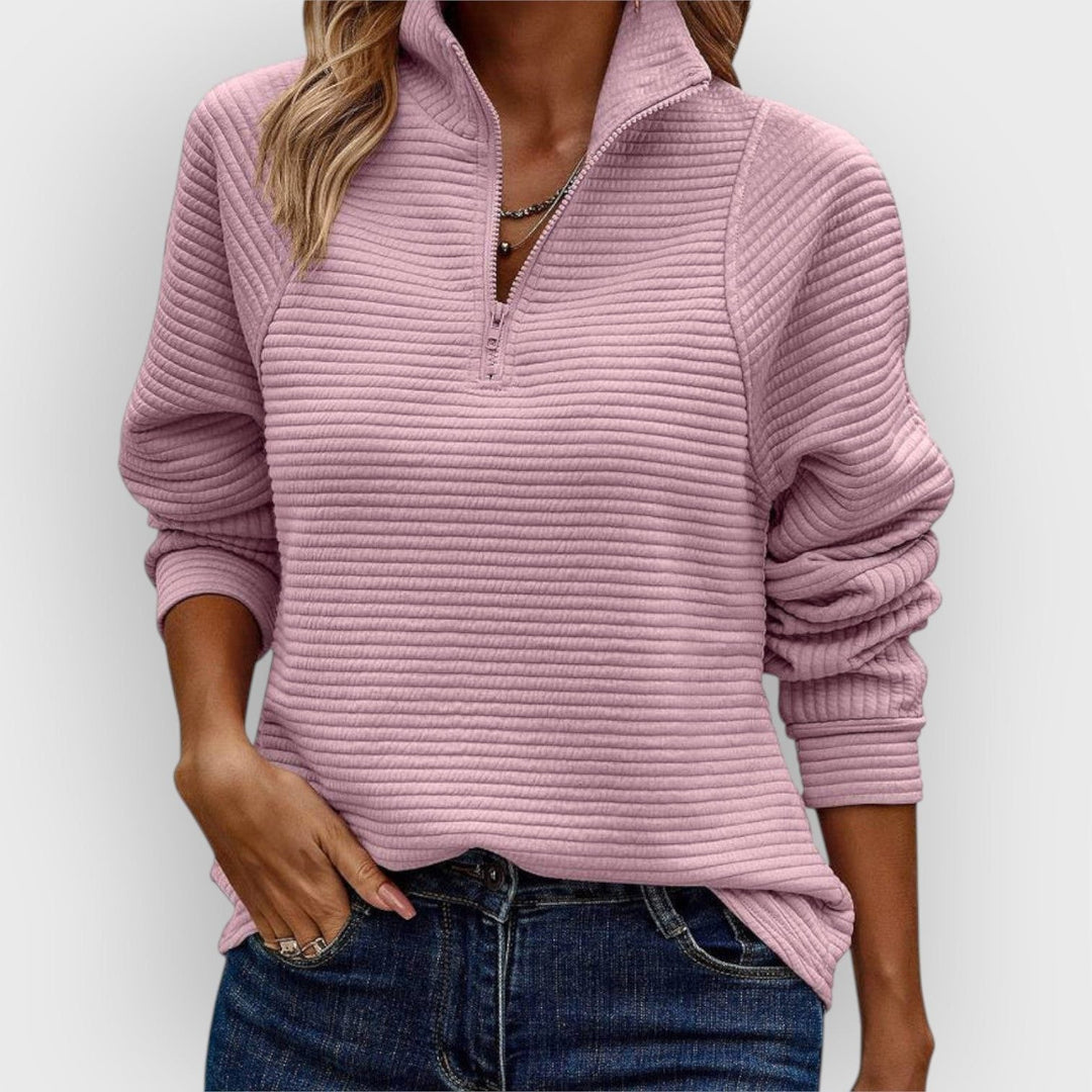 Ribbed Knit Half-Zip Sweater with V-Neck for Women