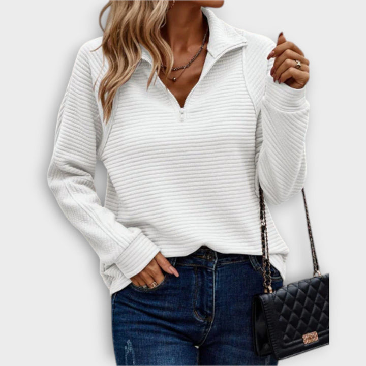 Ribbed Knit Half-Zip Sweater with V-Neck for Women