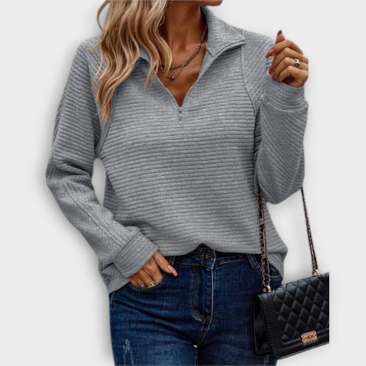 Ribbed Knit Half-Zip Sweater with V-Neck for Women