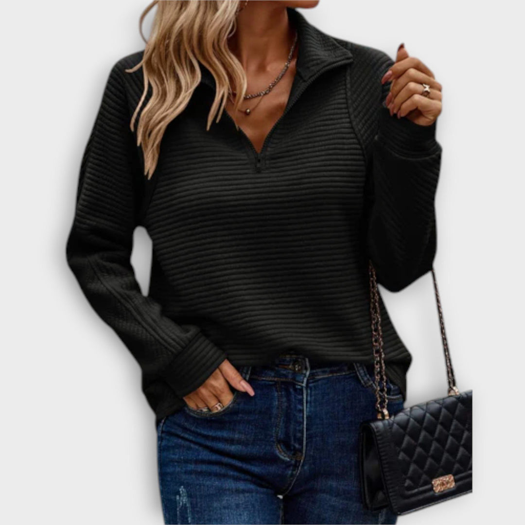 Ribbed Knit Half-Zip Sweater with V-Neck for Women