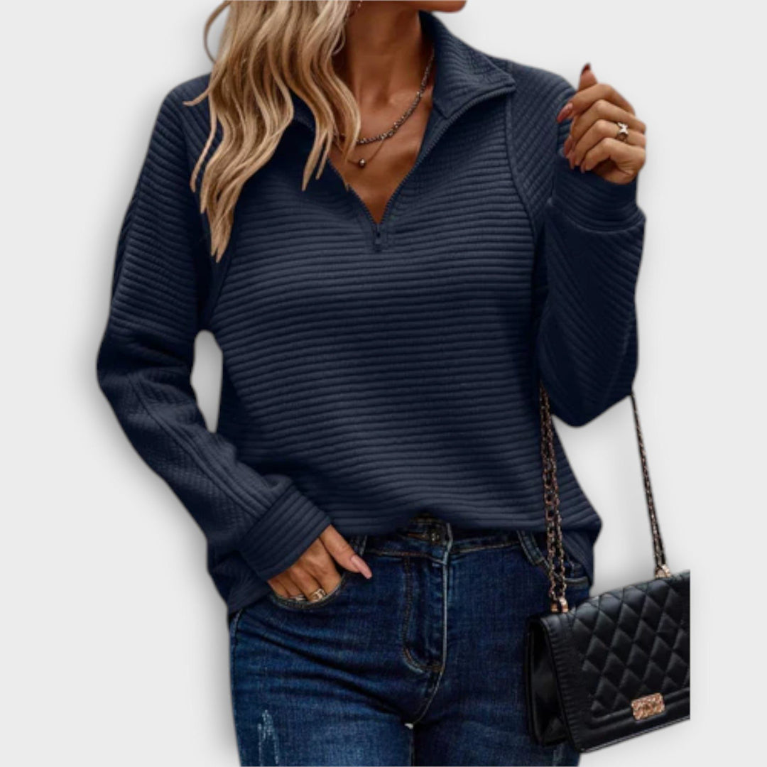 Ribbed Knit Half-Zip Sweater with V-Neck for Women