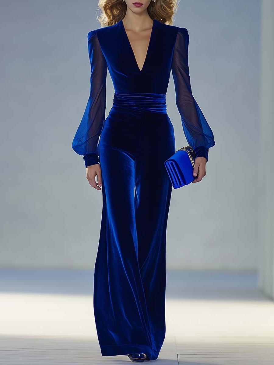 Velvet Maxi Jumpsuit with V-Neck and Long Sleeves for Women