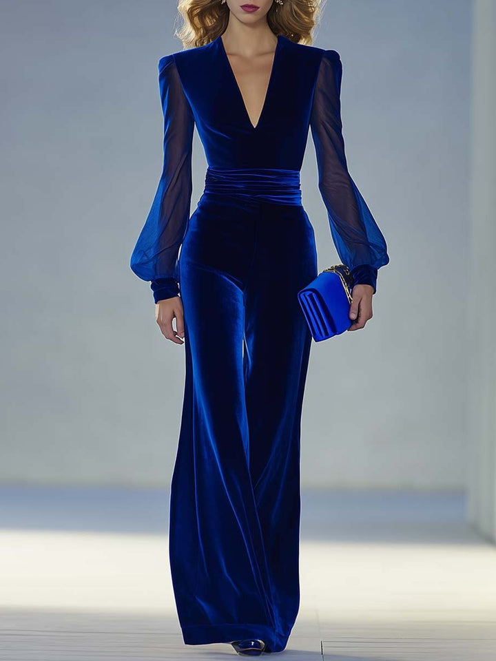 Velvet Maxi Jumpsuit with V-Neck and Long Sleeves for Women