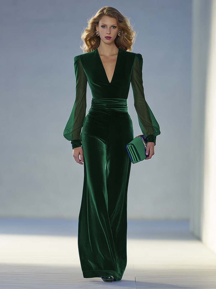 Velvet Maxi Jumpsuit with V-Neck and Long Sleeves for Women