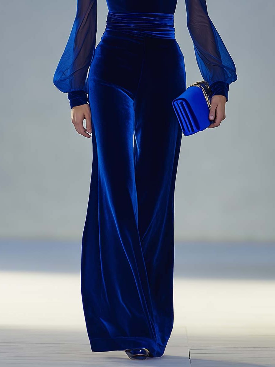 Velvet Maxi Jumpsuit with V-Neck and Long Sleeves for Women