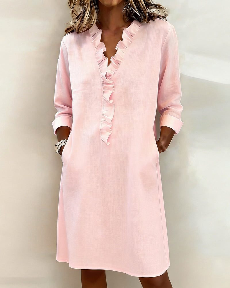 Midi Dress with V-Neck and Ruffles for Women