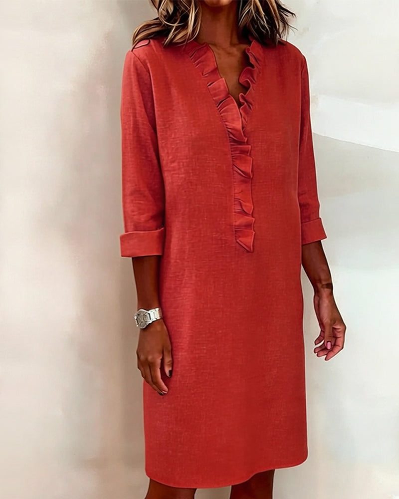 Midi Dress with V-Neck and Ruffles for Women