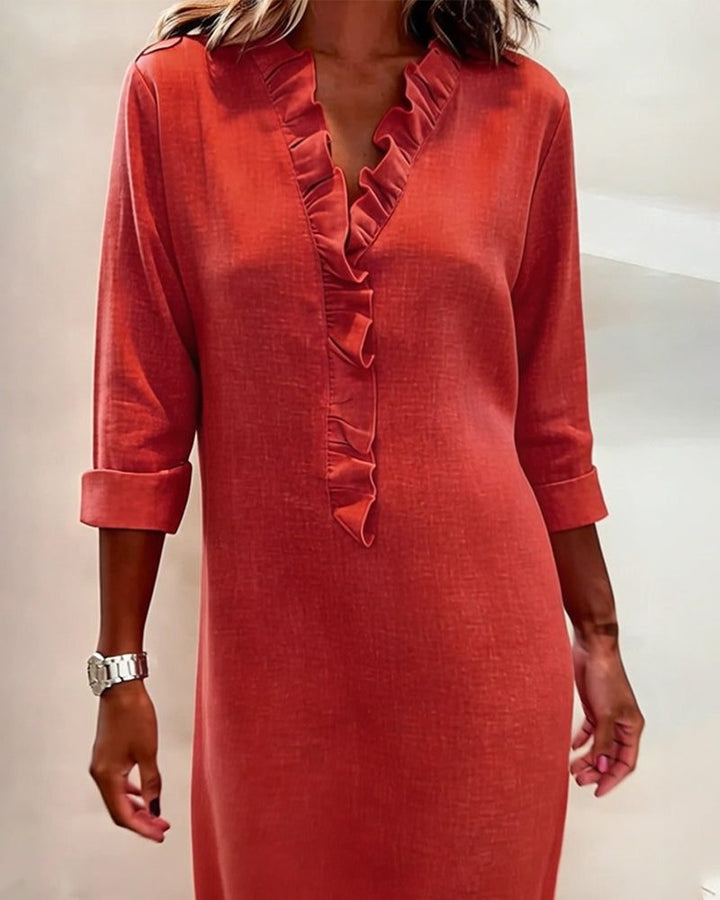 Midi Dress with V-Neck and Ruffles for Women