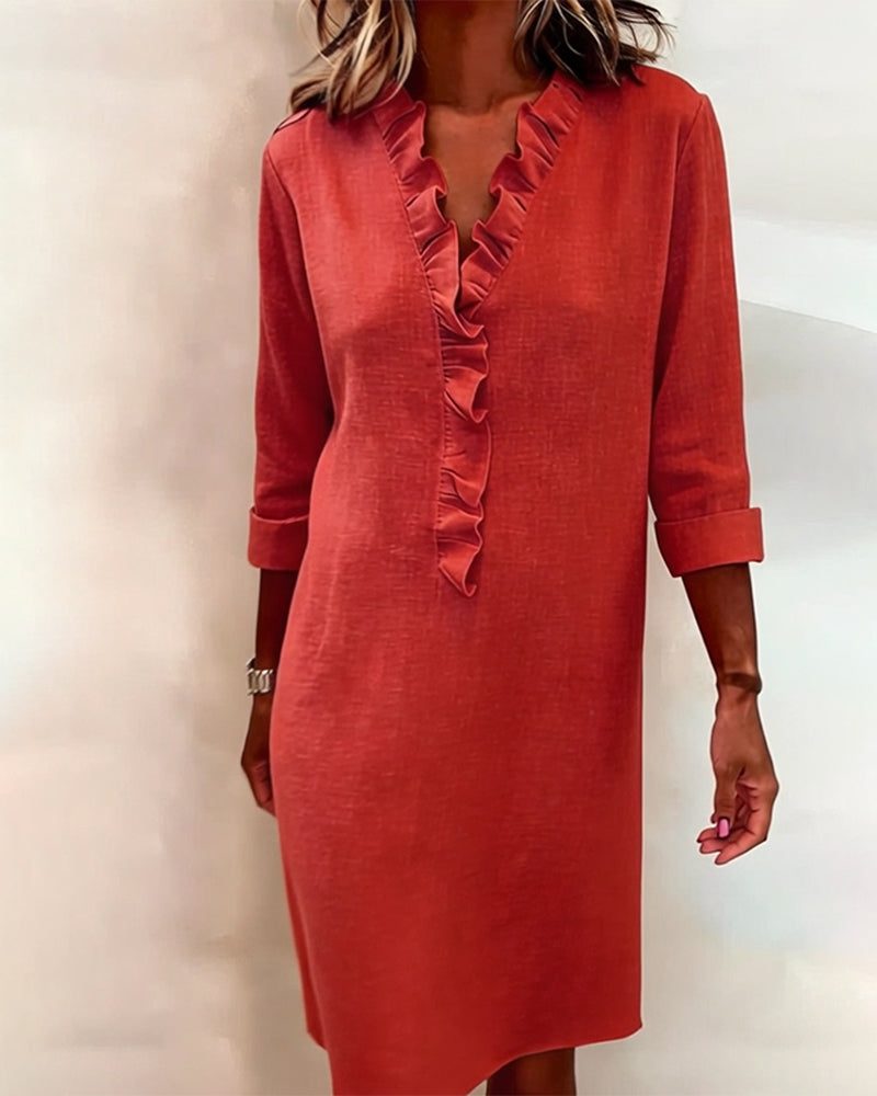 Midi Dress with V-Neck and Ruffles for Women