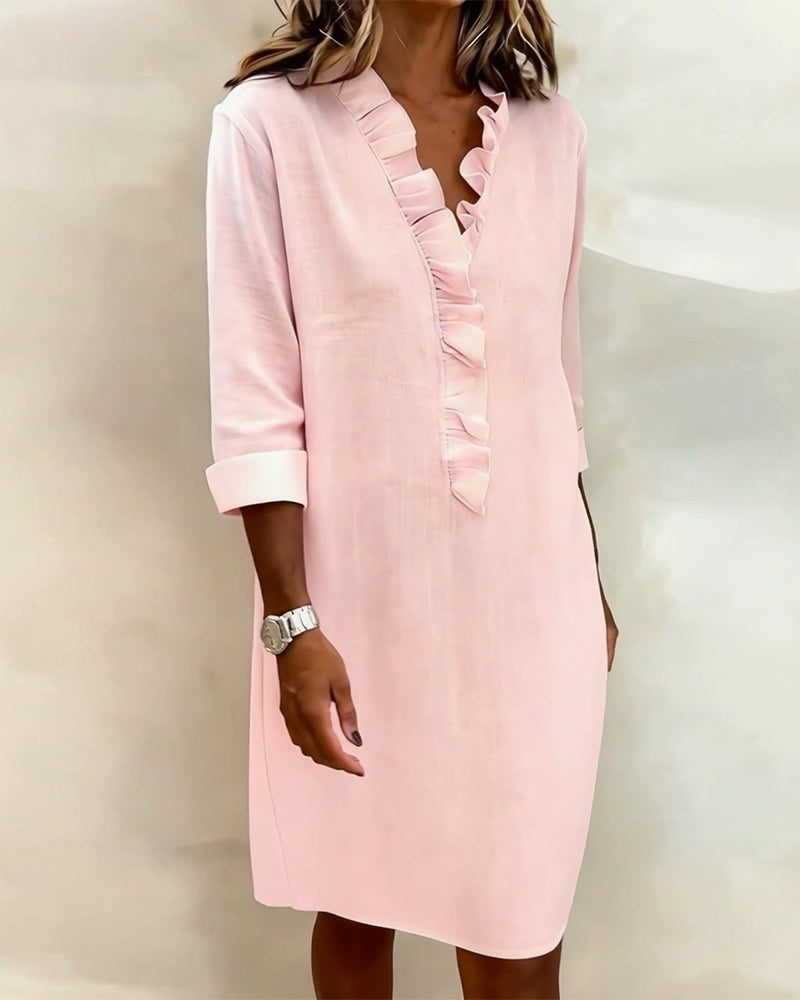 Midi Dress with V-Neck and Ruffles for Women