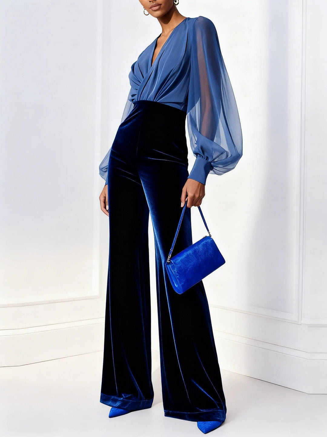 Velvet Wide Leg Jumpsuit with Sheer Wrap Top for Women