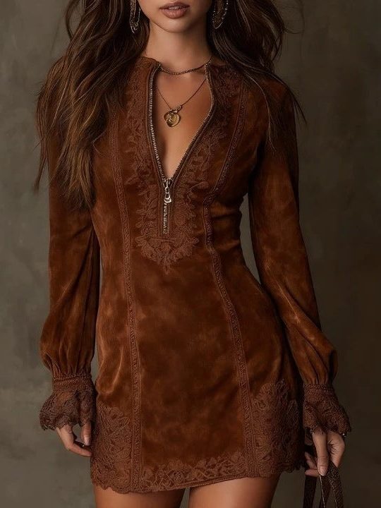Vintage Suede Lace Trim Mini Dress for Women