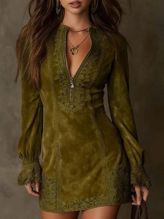 Vintage Suede Lace Trim Mini Dress for Women