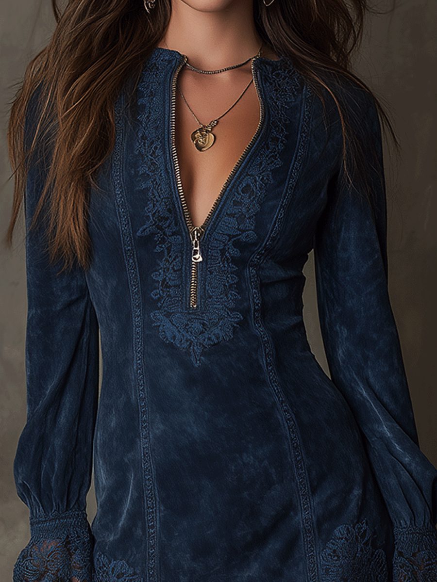 Vintage Suede Lace Trim Mini Dress for Women