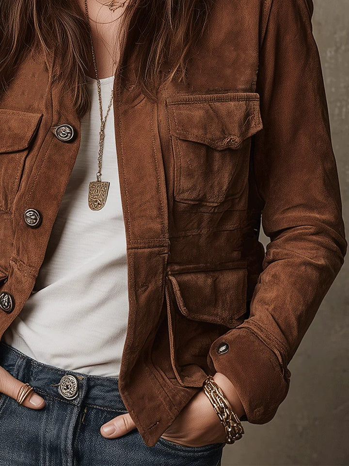 Vintage Suede Utility Jacket with Multi-Pocket Button-Down for Women
