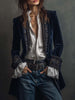 Vintage Velvet Long Jacket with Embroidered Lapels for Women