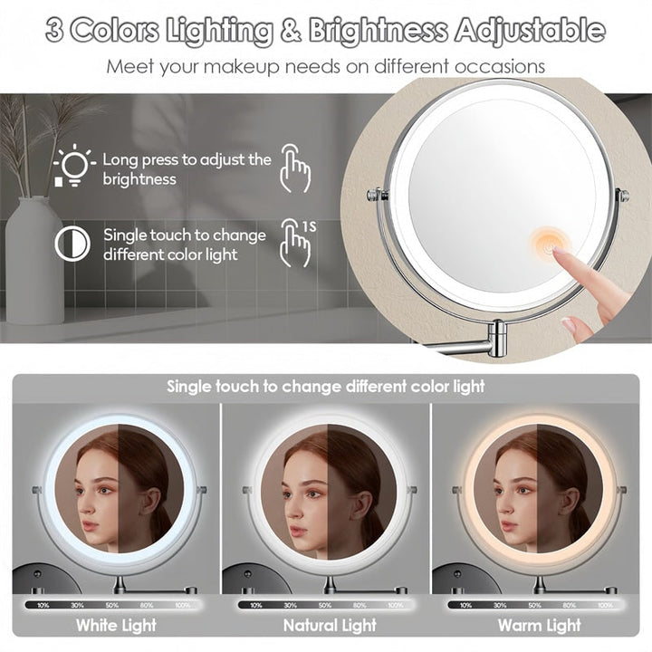 Wall Mounted Vanity Mirror for Makeup with LED Lights 10x Magnification and Folding Arm