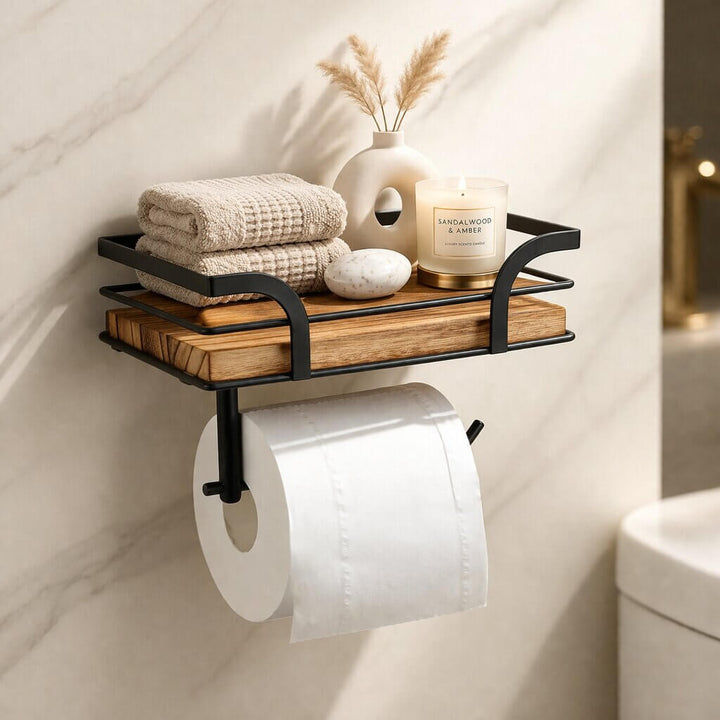 Wall-Mounted Toilet Roll Holder with Shelf for Phone and Tissues