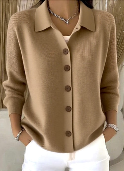 Women's Knit Cardigan with Button Placket and Relaxed Collar
