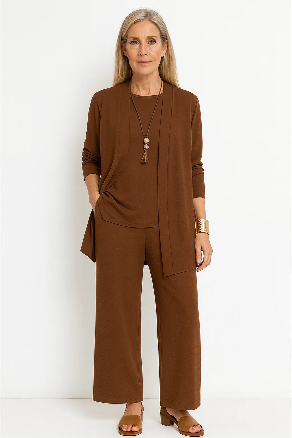Women's 3-Piece Knit Cardigan, Tank and Wide-Leg Pant Set