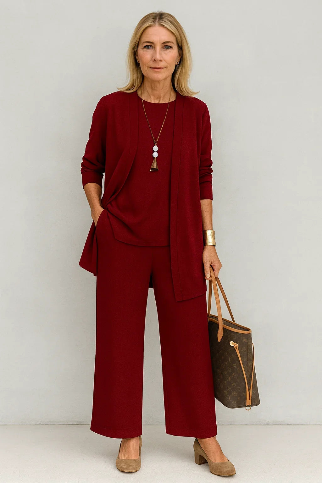 Women's 3-Piece Knit Cardigan, Tank and Wide-Leg Pant Set