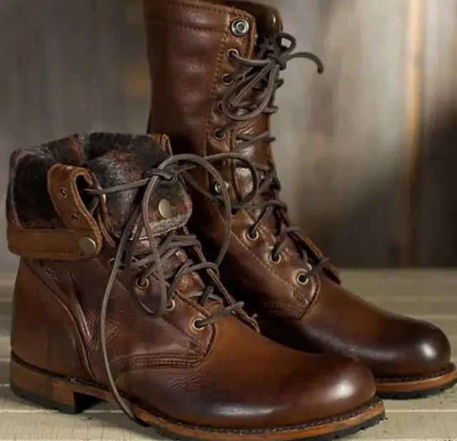 Leather Lace-Up Mid-Calf Combat Boots