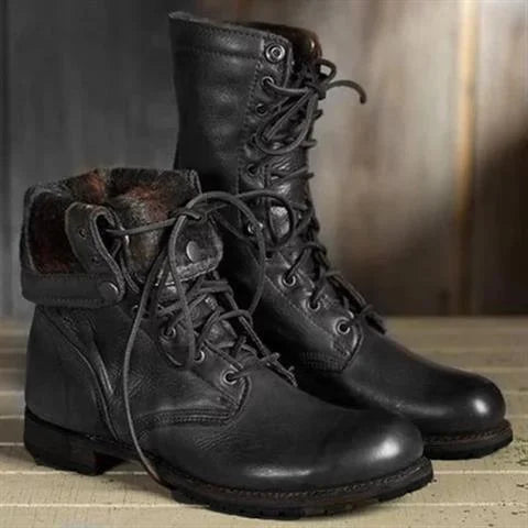Leather Lace-Up Mid-Calf Combat Boots