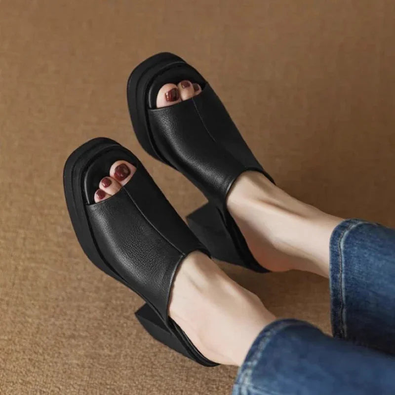 Women's Leather Platform Mule Sandals with Peep Toe