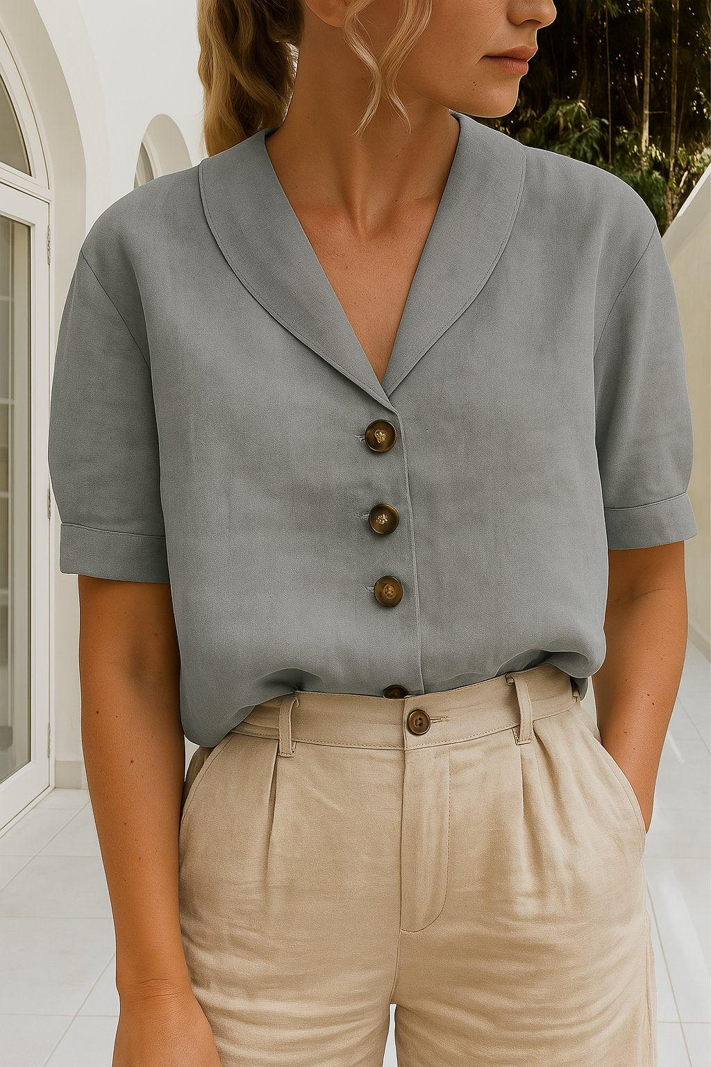 Harper | Women's Button-Front Blouse Short Sleeve V-Neck Top