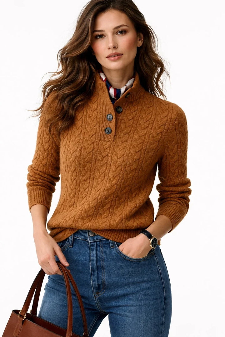 Cable Knit Button-Neck Wool Blend Sweater
