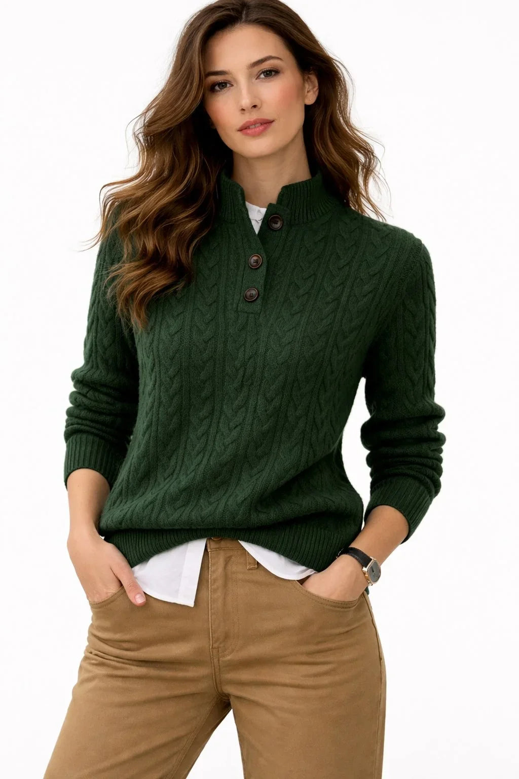 Cable Knit Button-Neck Wool Blend Sweater