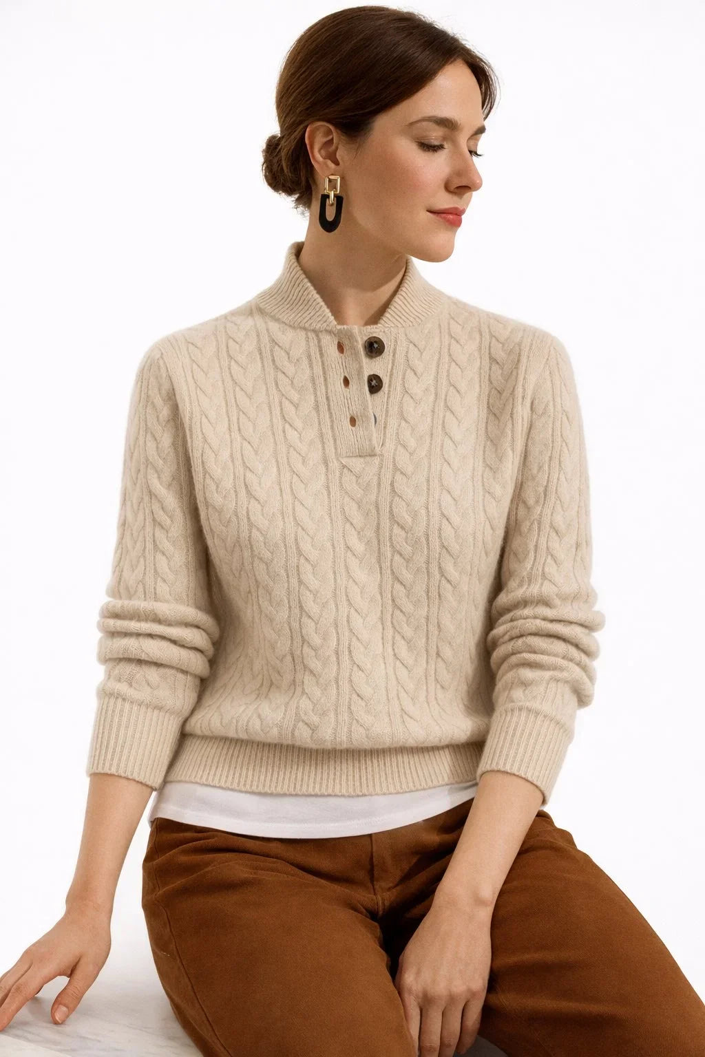 Cable Knit Button-Neck Wool Blend Sweater