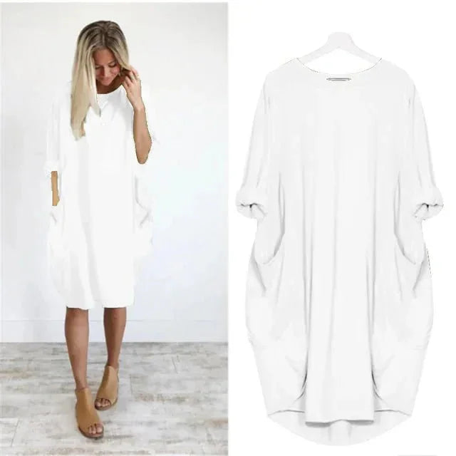 Oversized Midi Dress with 3/4 Sleeve and Patch Pockets