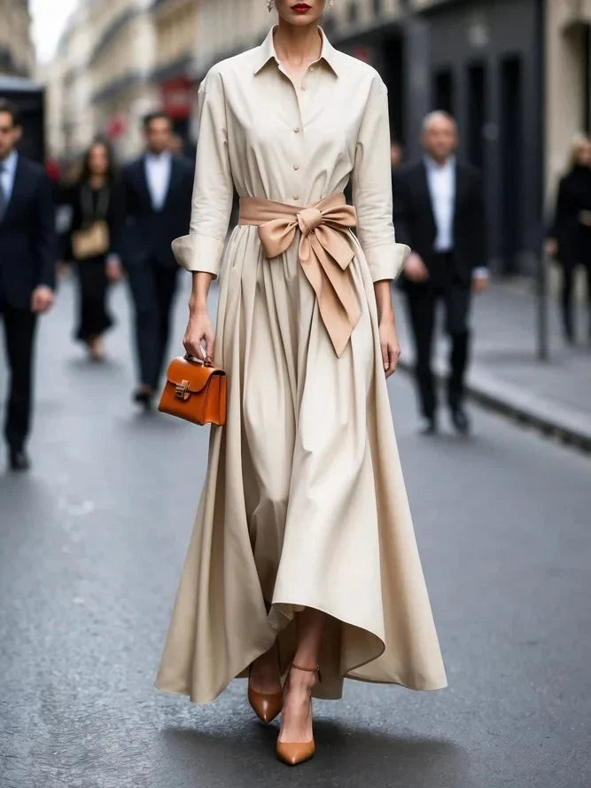 Collared Long Sleeve Maxi Dress with Self-Tie Waist
