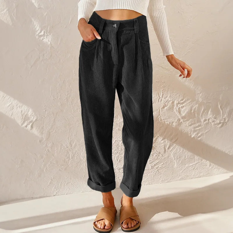 Corduroy High-Waisted Pleated Tapered Pants