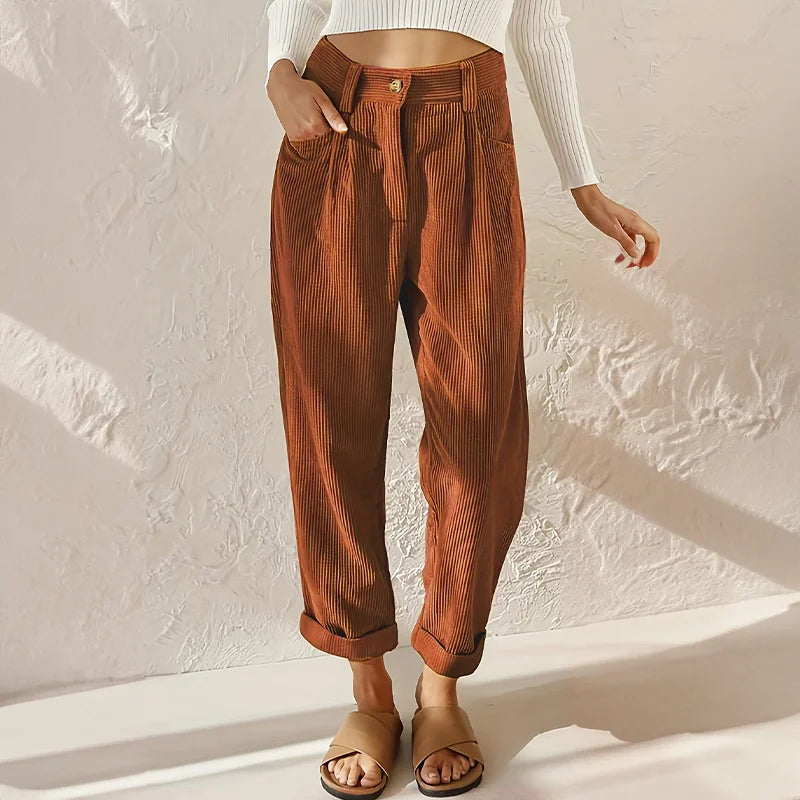 Corduroy High-Waisted Pleated Tapered Pants