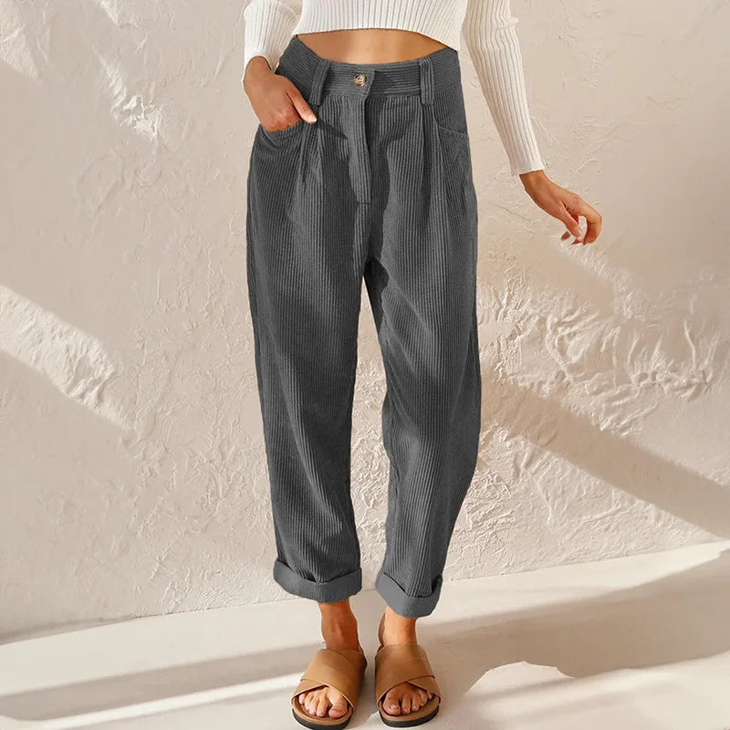 Corduroy High-Waisted Pleated Tapered Pants